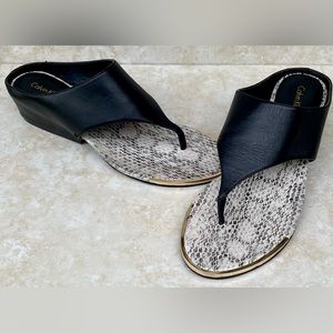 Calvin Klein Ciara Wedge Thongs Black Snakeskin Print Inside Soles Gold Accents